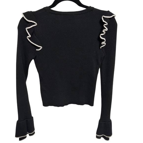 Topshop Black Ribbed Ruffle Shoulder Sweater White Contrast Trim Bell Cuff US 4 - Picture 5 of 5